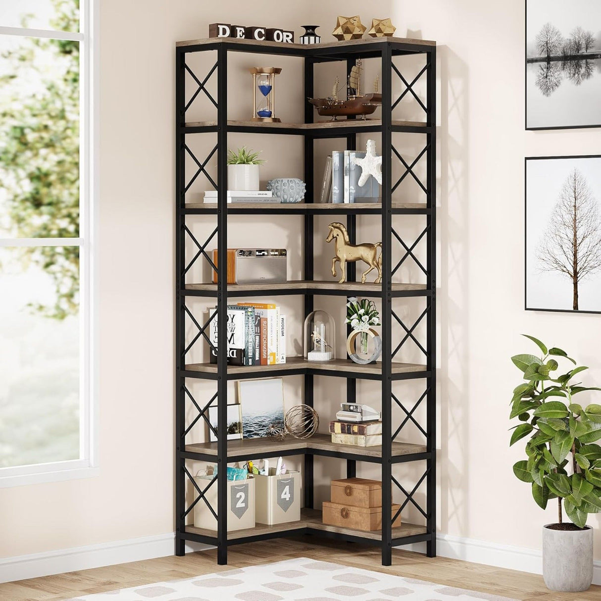 7 Tier Corner Bookshelf Storage Unit for Living Room