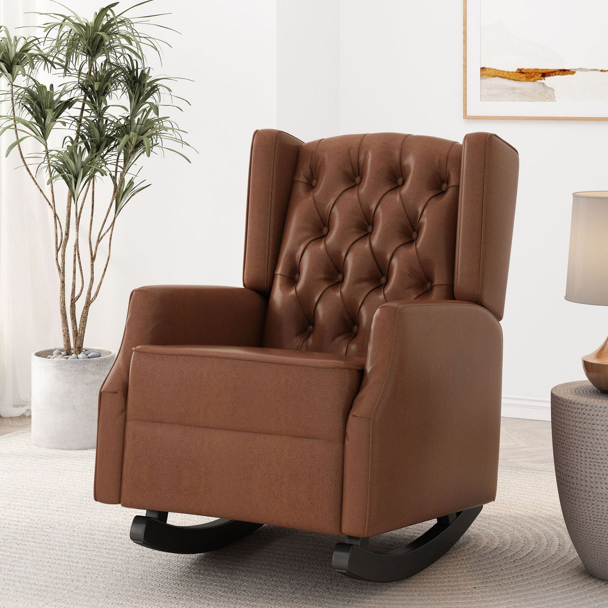 Moss Upholstered Rocking Recliner with Diamond Tufting and Wingback – Light Brown