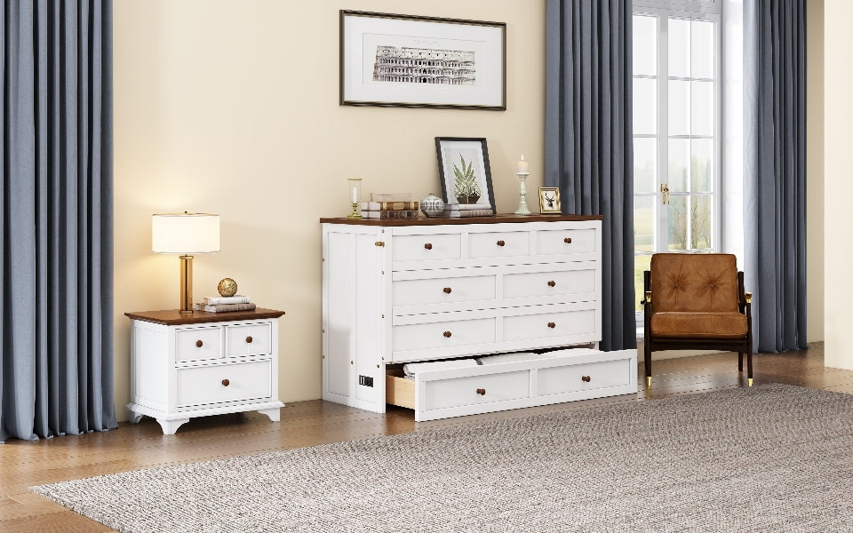 Solid Pine Murphy Bed Chest with Charging Station and Large Storage Drawer - Queen - White+Walnut