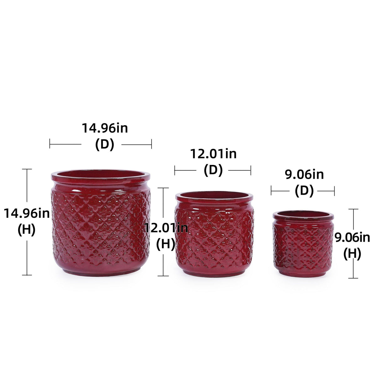 3 Pieces Ceramic Flowerpot Planter For Patio & Garden Or Windowsills - Bean Paste Red