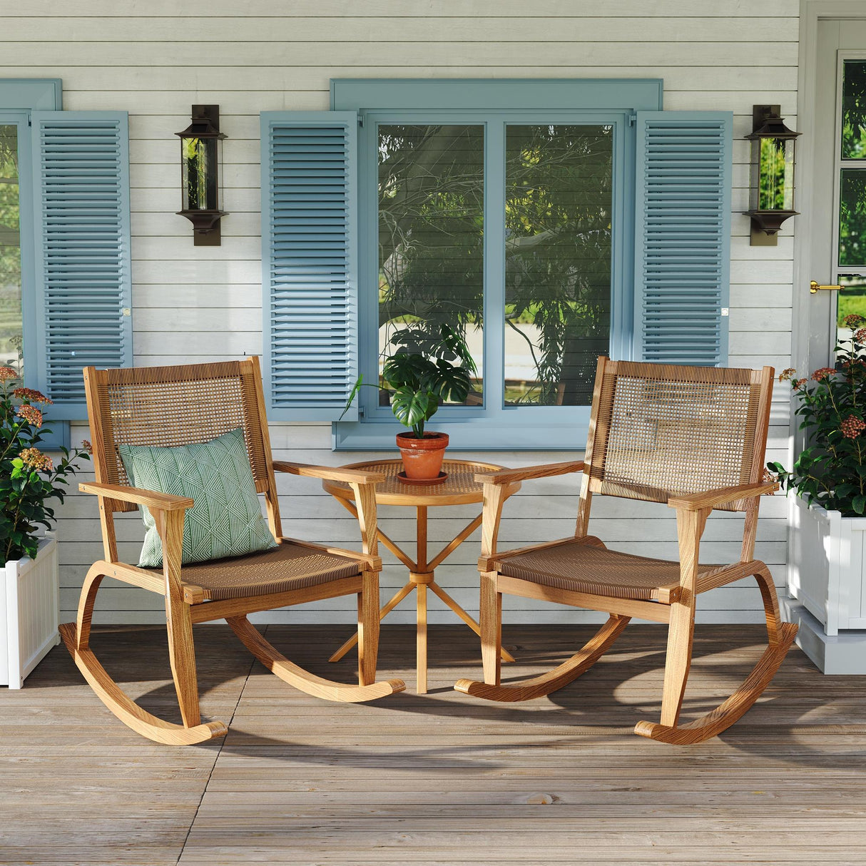 GO 2 Pieces Patio Rocking Chair Set, Acacia Wood Outdoor Rockers with Wicker Rattan Seat & Backrest, Comfortable Garden Porch Chairs for Backyard, Balcony, and Poolside, Natural
