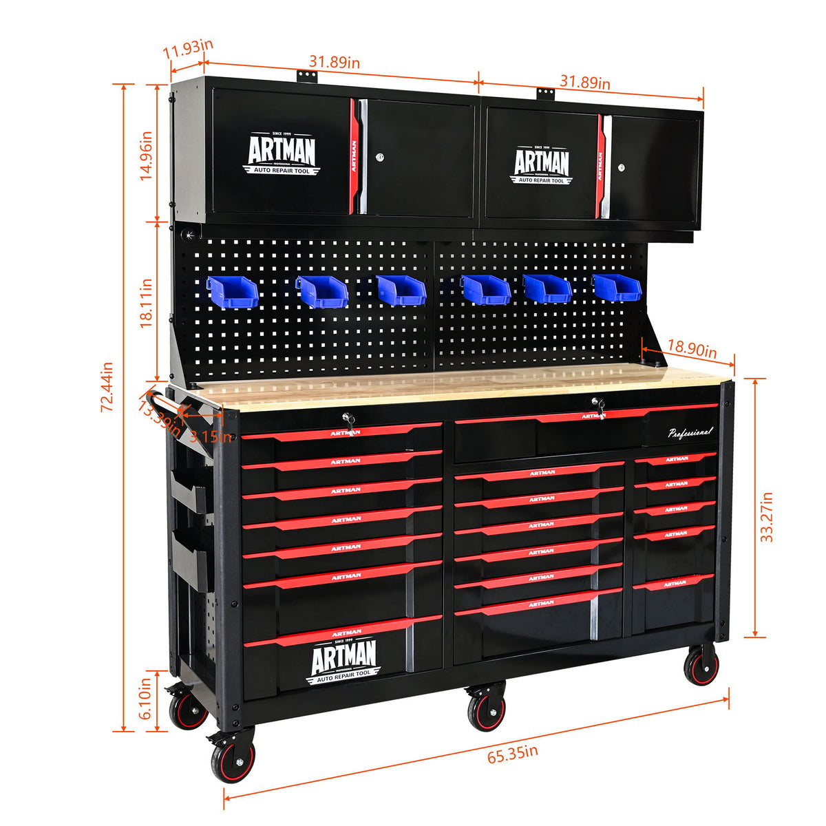 Heavy Duty Tool Cart With 19 Drawers, Tools Not Included, Mobile Storage For Workshop Or Laboratory - Black / Red