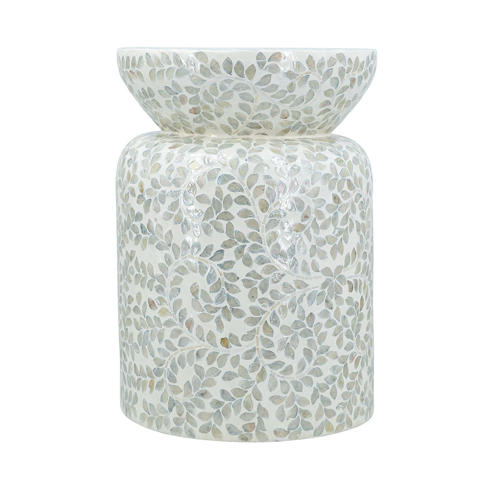 14x14x20 Round Bamboo Accent Table with White Capiz Shell Design