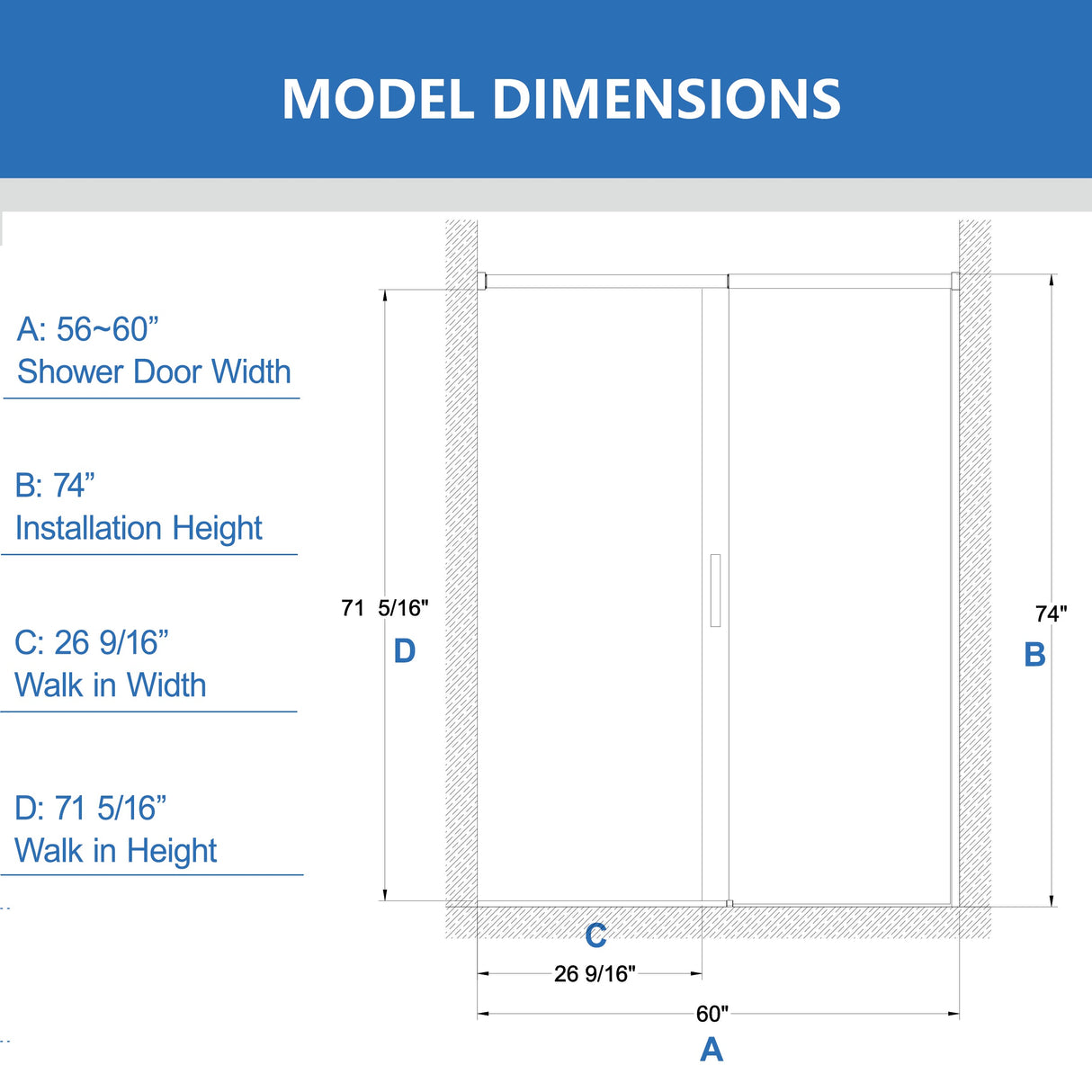 56-60" W x 74" H Semi-Frameless Sliding Shower Door