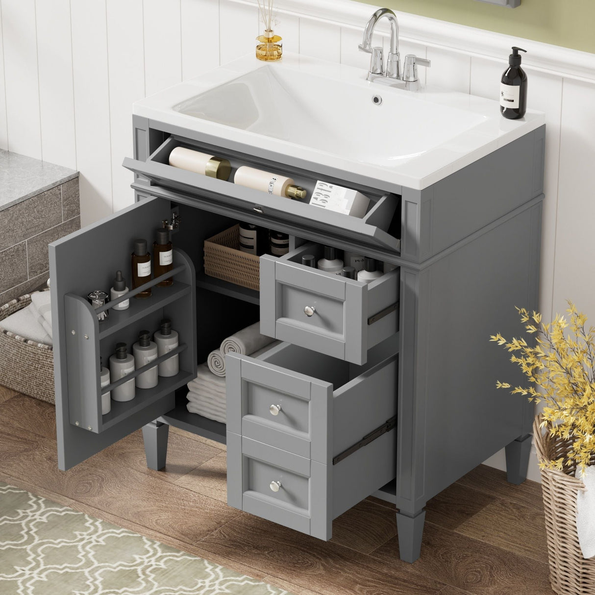 Bathroom Vanity With Top Sink, Storage Cabinet, 2 Drawers, Tip Out Drawer