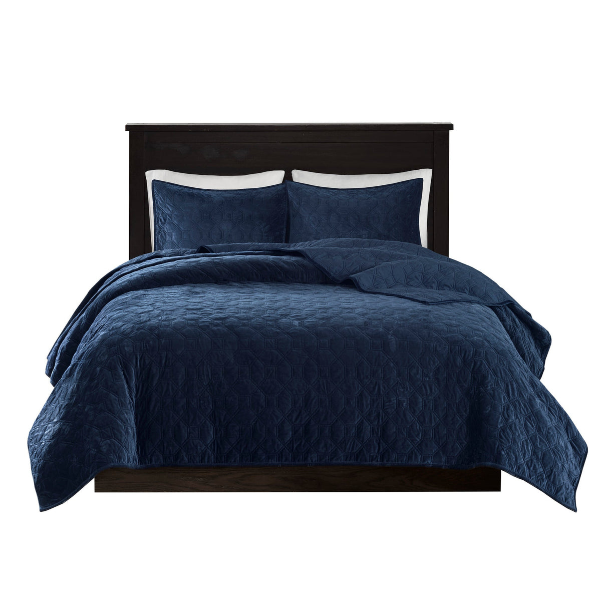 3 Piece Velvet Quilt Set Navy King/Cal King