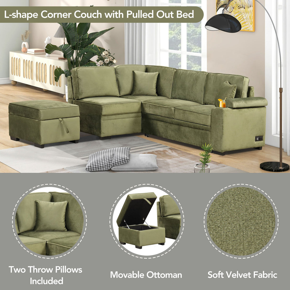Virginia Green Velvet Convertible Sleeper Sofa with Hidden Storage Ottoman