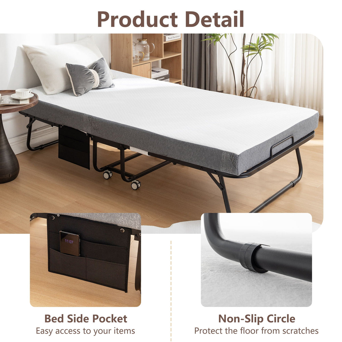 Foldable Metal Frame Bed For Guest With Memory Foam Mattress On Wheels, Saving Space Rollaway Bed