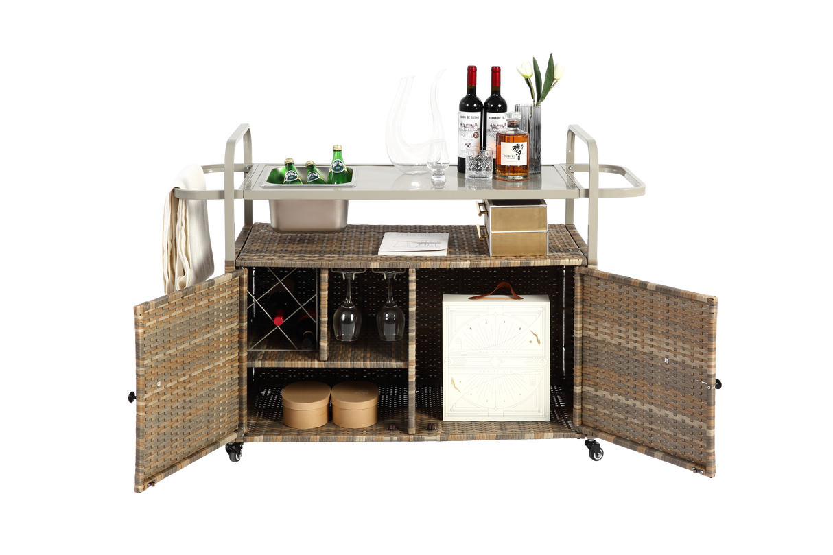 Outdoor Bar Table with Wicker Cabinet and Steel Top