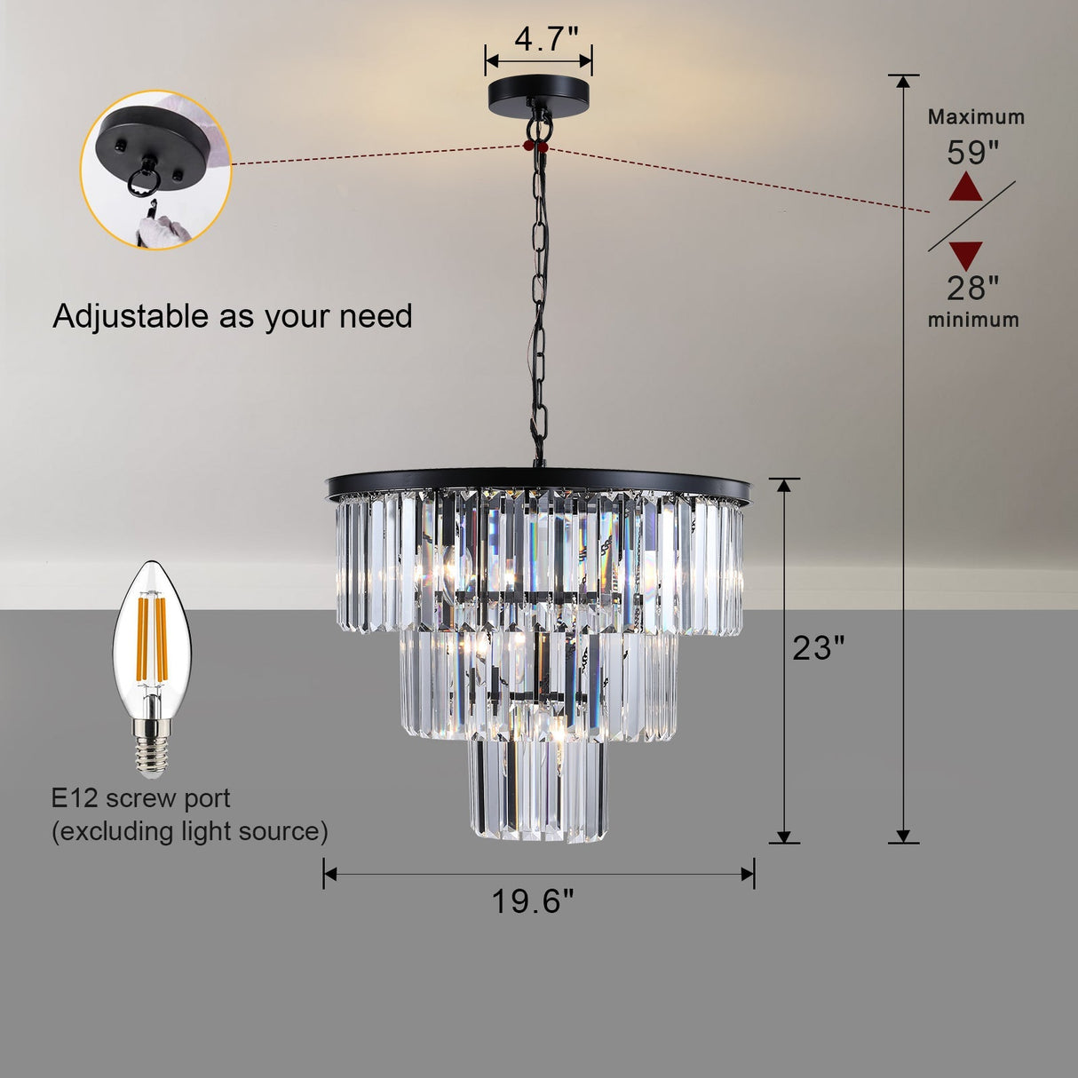 20' Modern Crystal Chandelier with Black Finish – Elegant 7-Light Pendant Light with 3 Tier Crystal Strands for Dining Room, Living Room, or Bedroom (Bulb Not Included)