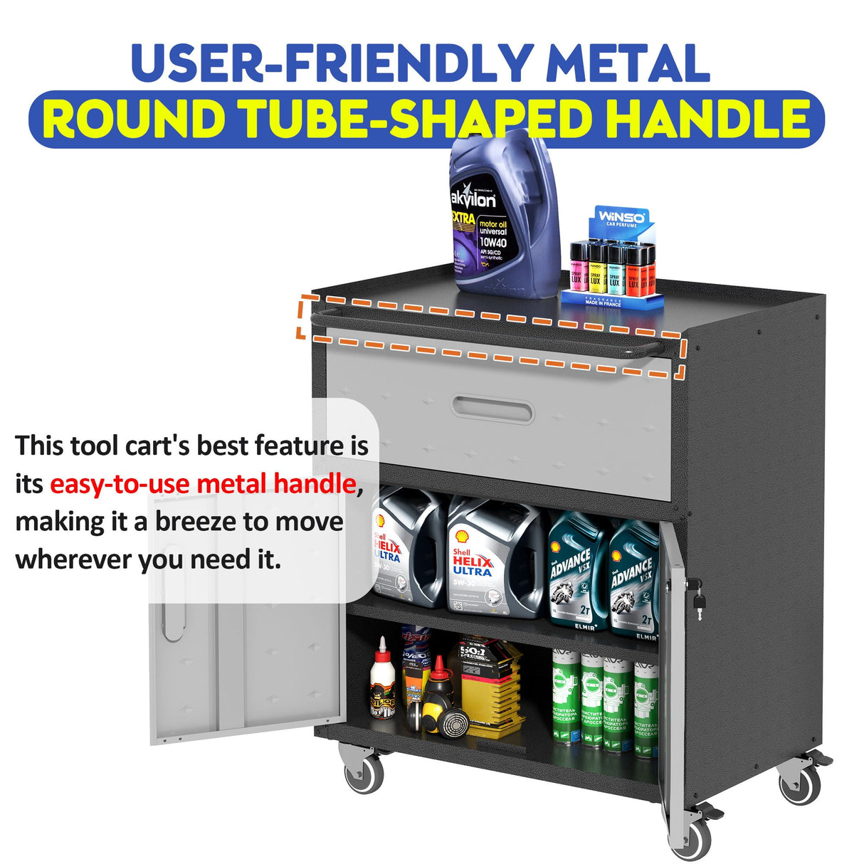 Sturdy And Durable Metal Tool Cabinet For Garage With Wheels Mobile Heavy Duty Storage Cabinet With 1 Drawer And 2 Locking Doors