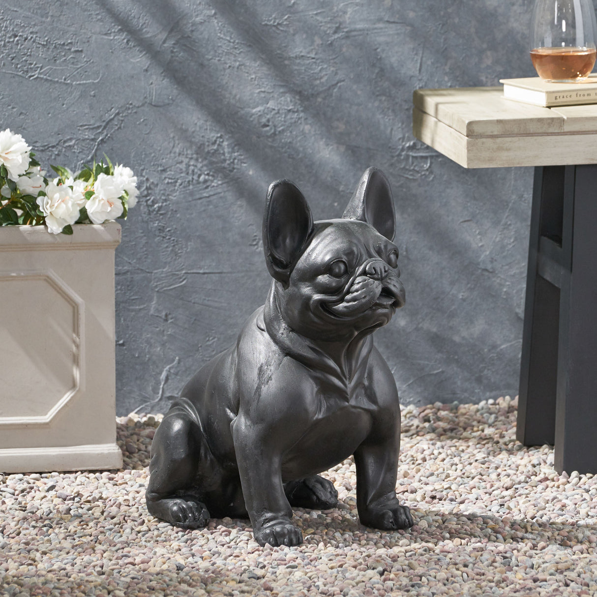 Dog Garden Sculpture, Outdoor French Bulldog Garden Statue, Matte Black