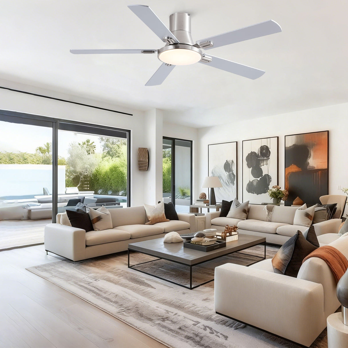 Flush Mount Ceiling Fans With LED Light And Remote Control, 5 Blades