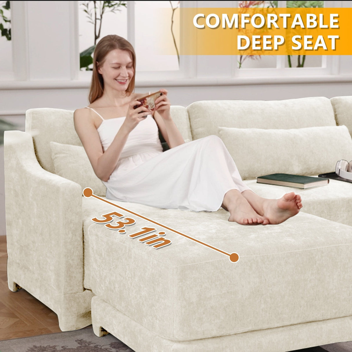 Elegant Four-Seater Sofa with Movable Ottoman and Lumbar PillowBeige