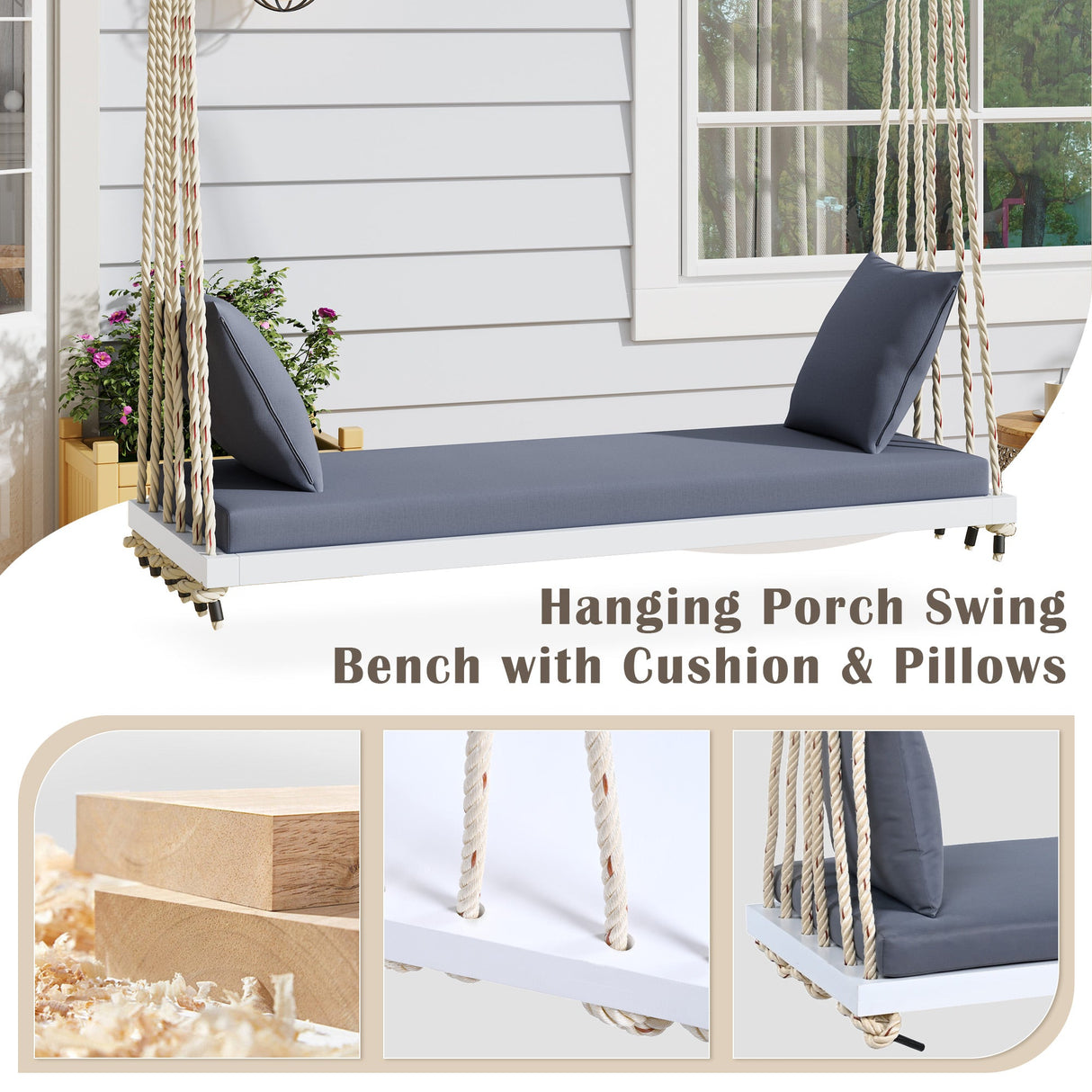 TOPMAX Patio Wooden Swing Chair with Cushion & Pillows