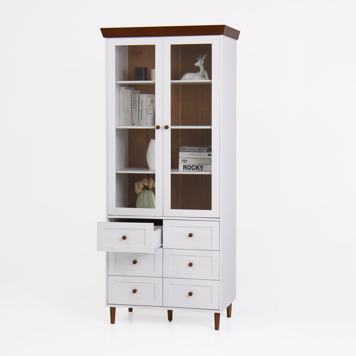 White MDF Display Storage Cabinet with Glass Doors and Adjustable Shelves