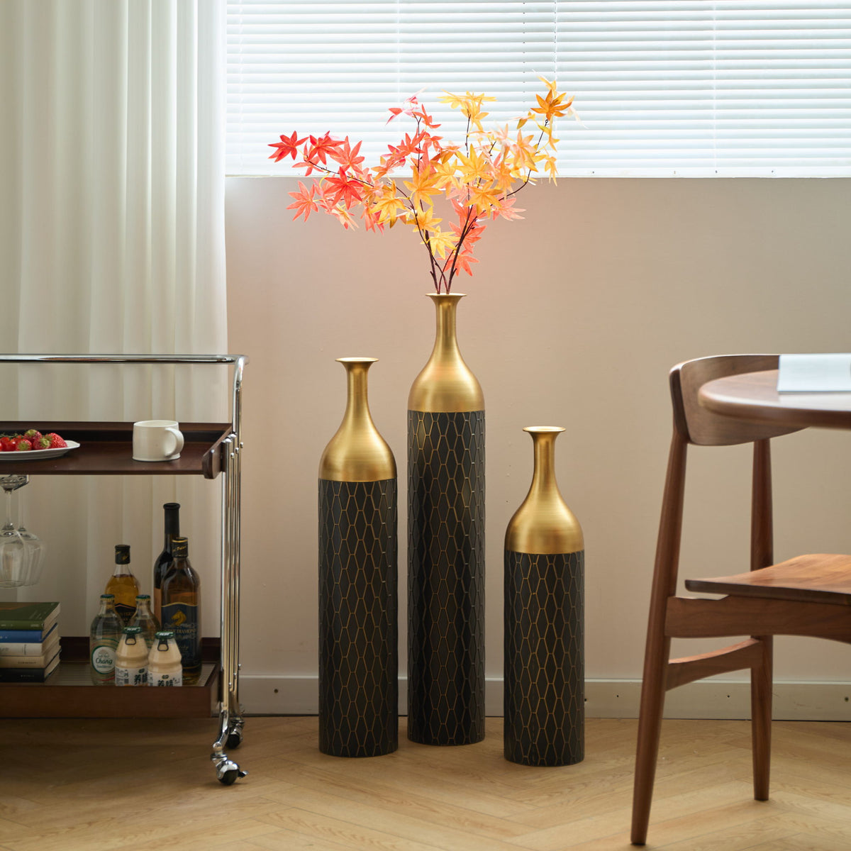 Elegant Floor Vase Set Metal Decorative Vases 3 Piece Set For Floral Display, Wedding & Gift Decor - Gold / Black