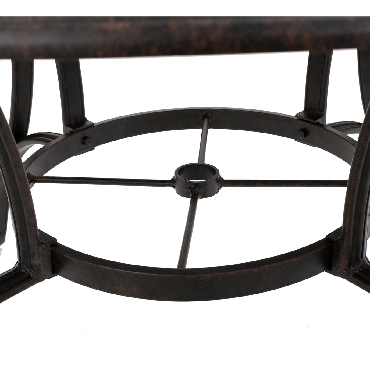 Outdoor cast aluminum circular dining table, bronze