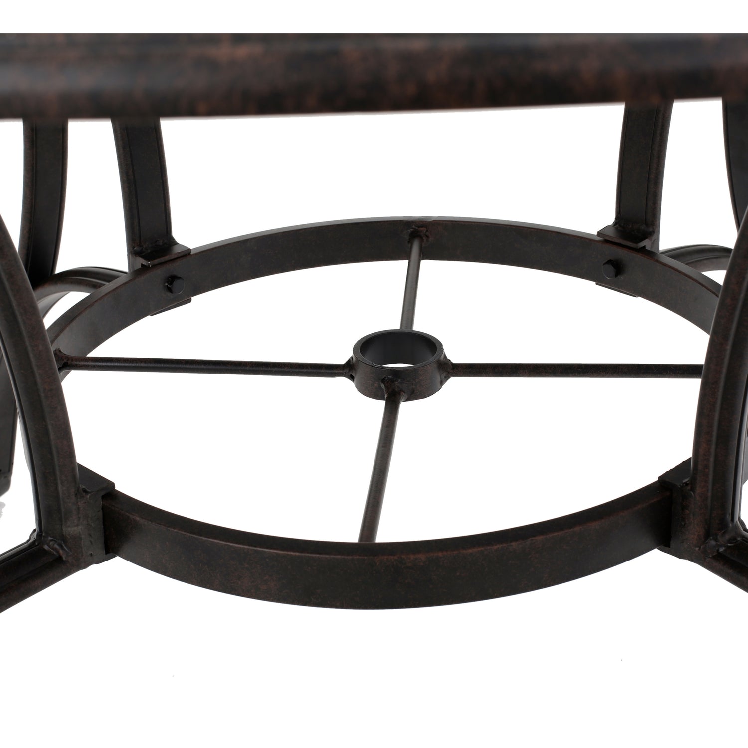 Outdoor cast aluminum circular dining table, bronze