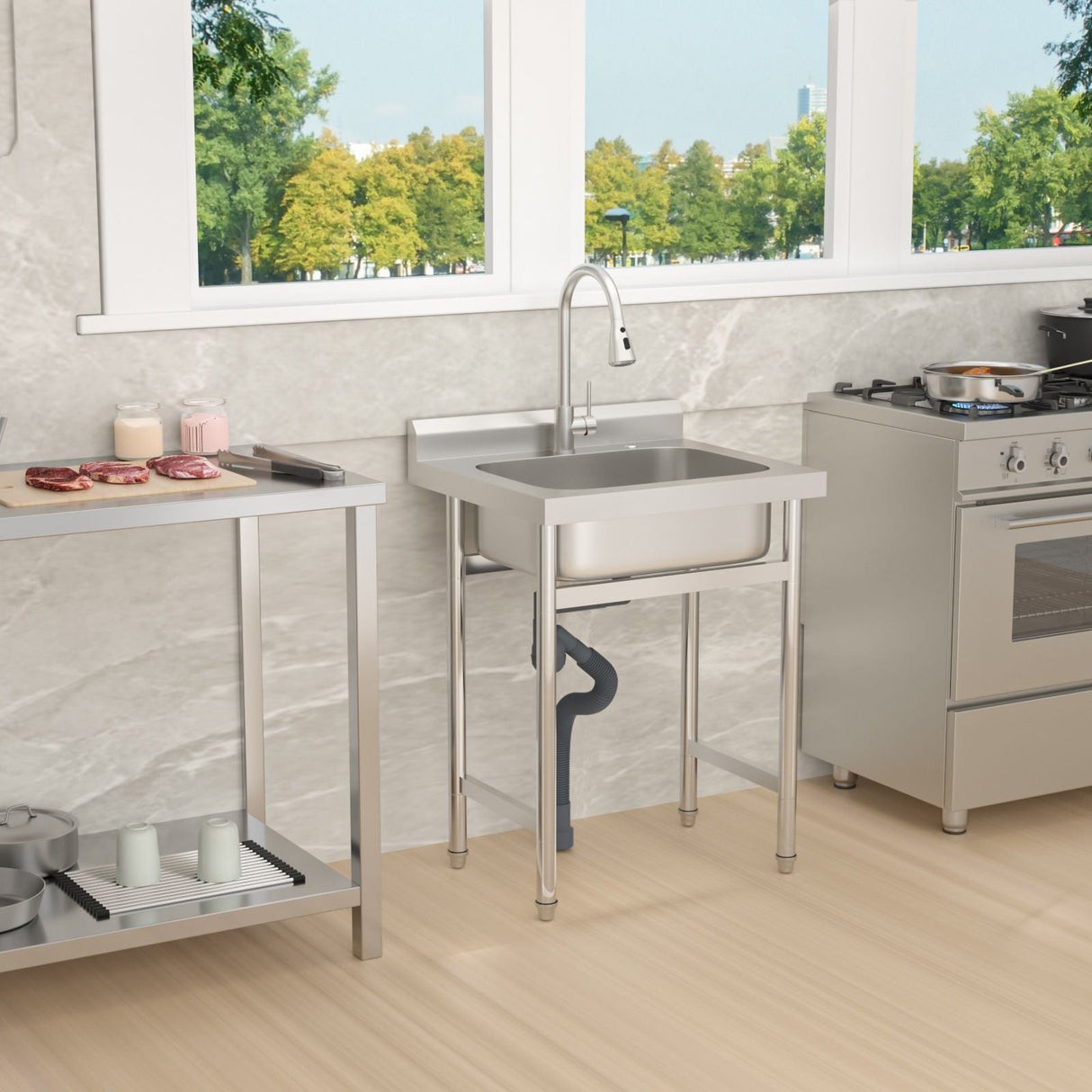 Single Bowl Utility Sink, Freestanding Commercial Kitchen Sink For Laundry Room - Brushed Nickel
