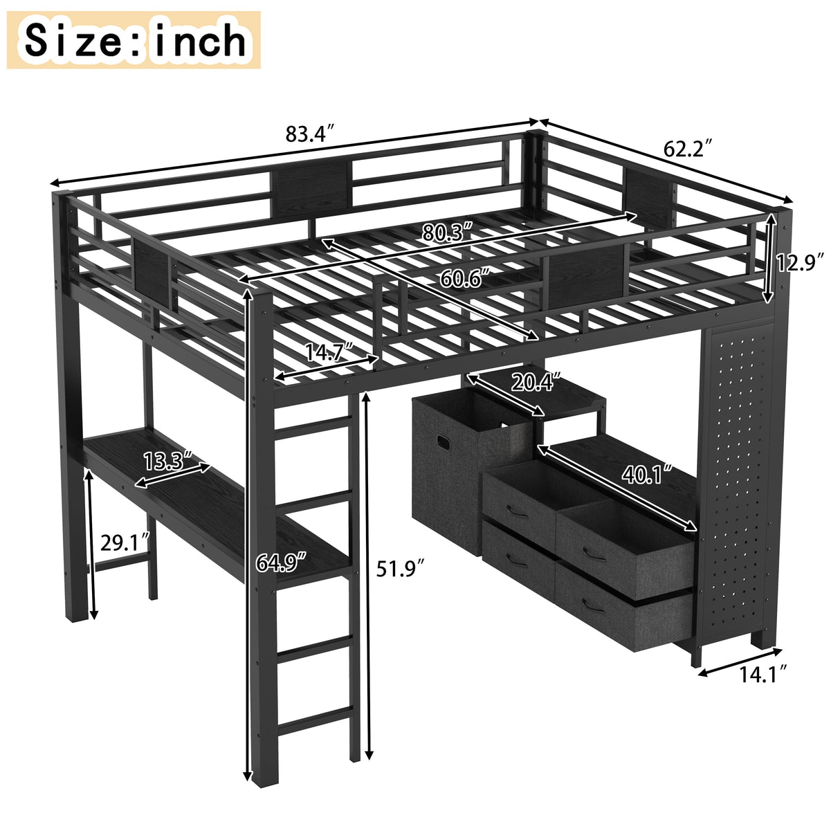 Queen Size Loft Bed with Desk & Shelves
