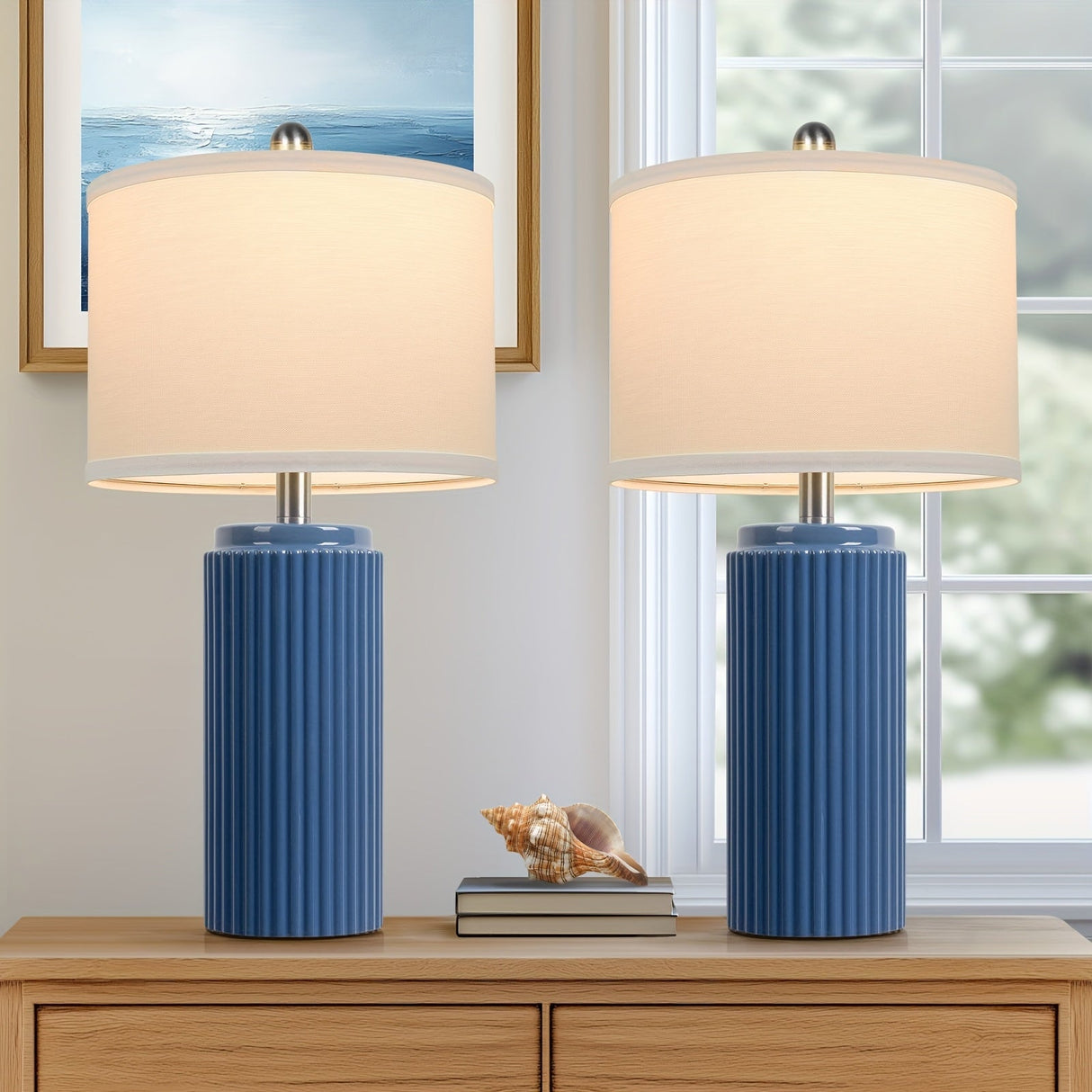 Farmhouse Table Lamps Set of 2 – Ceramic Base Bedside Lamps for Bedroom & Living