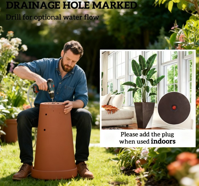 Outdoor Flower Plant Pots - Set of 3 Tall Planters with Drainage Hole
