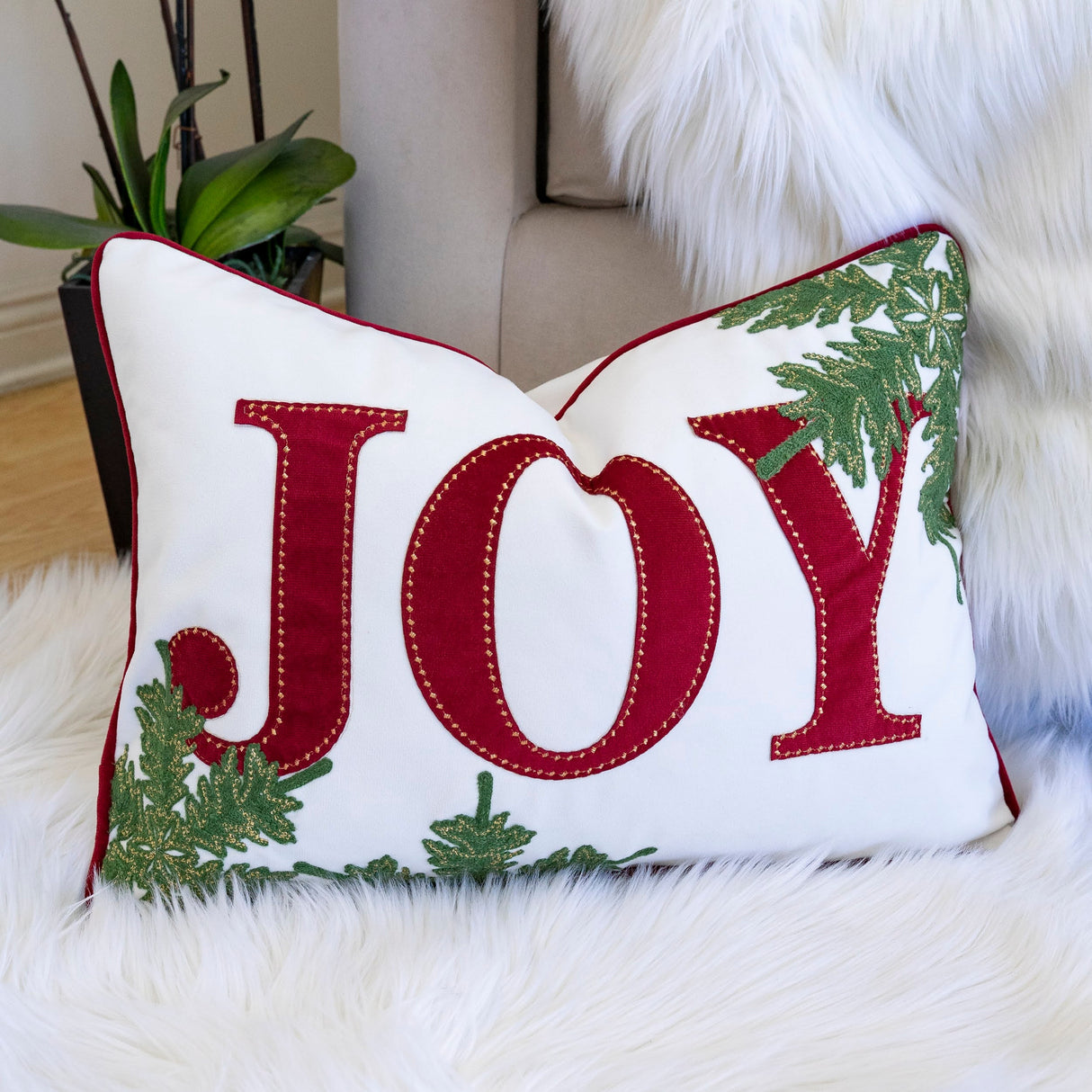 Joy Embroidered Christmas Throw Pillow