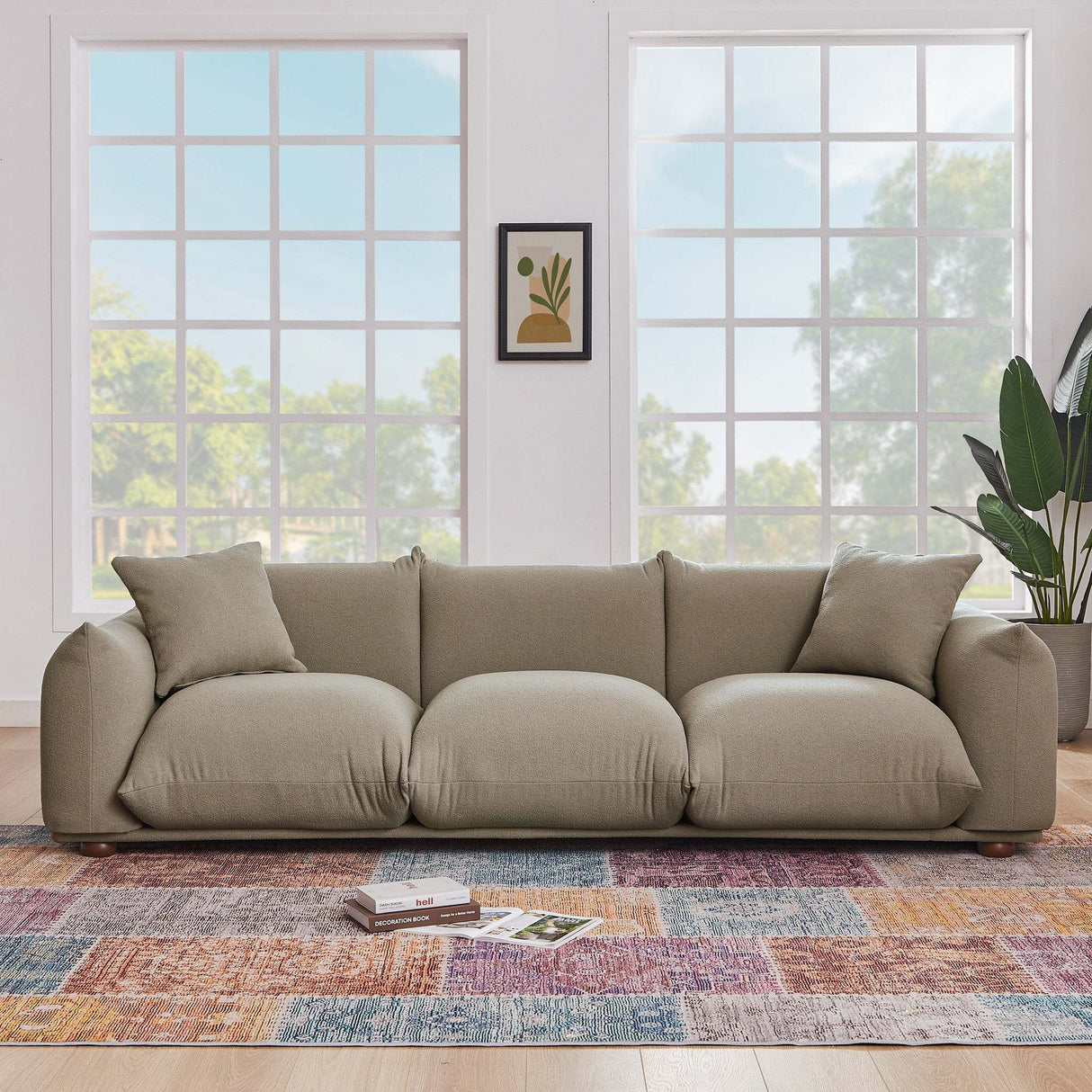 Kely Modern 100'' Mocha Boucle Upholstered Sofa with Solid Wood Legs
