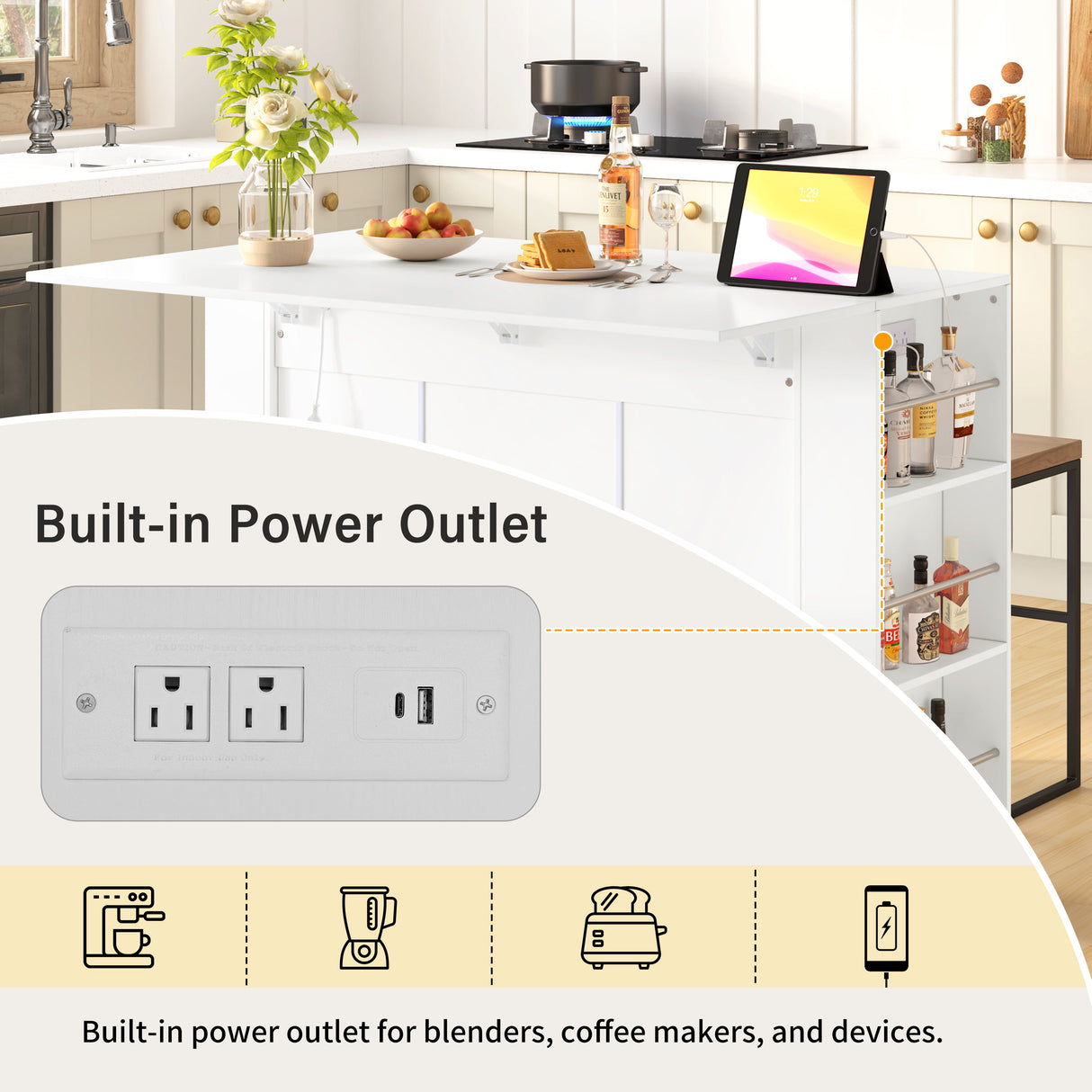 U-Style 47.2" Counter Height Table with Foldable Top & Power Outlet