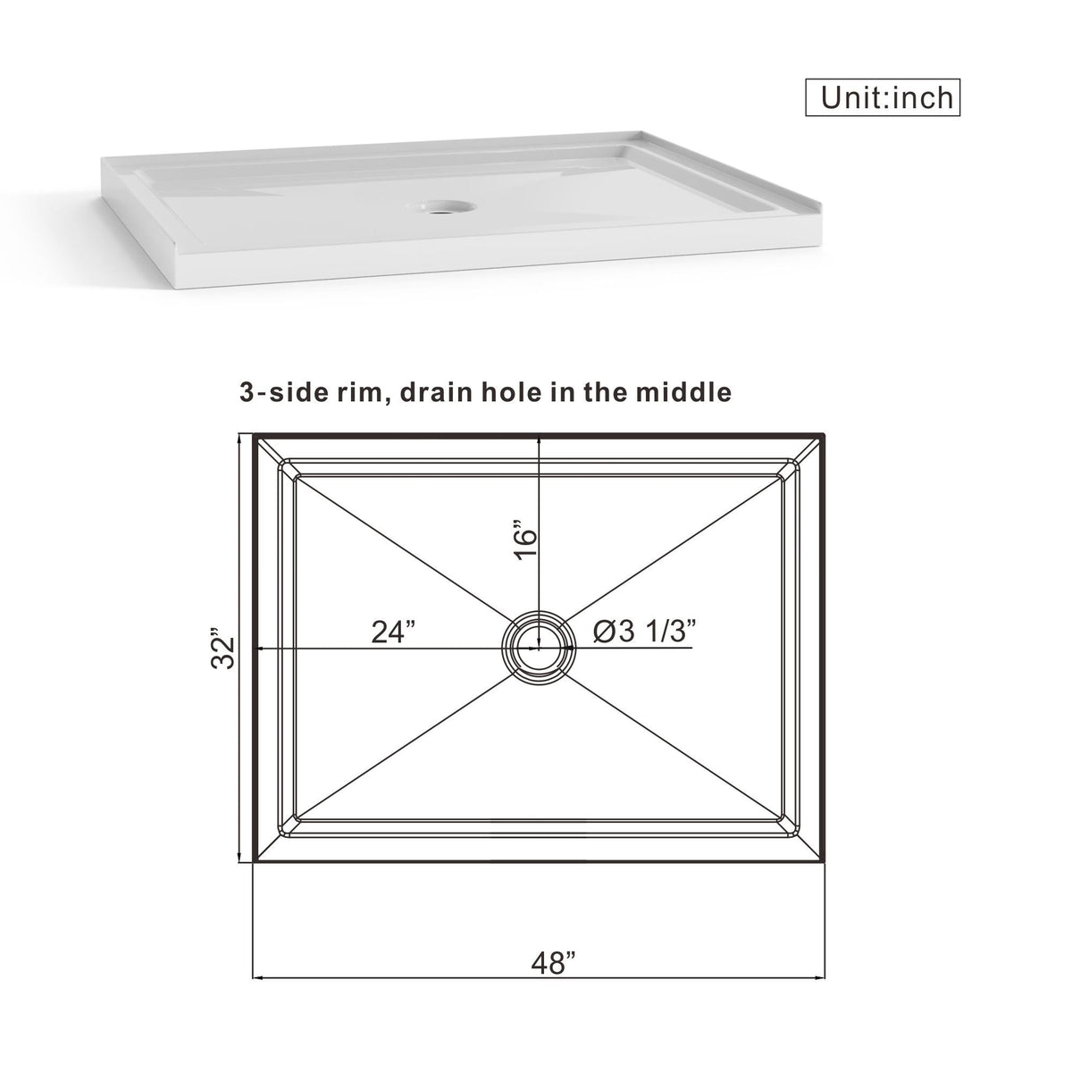 Shower Base Anti Slip Center Drain Single Threshold 32" X 48" - White