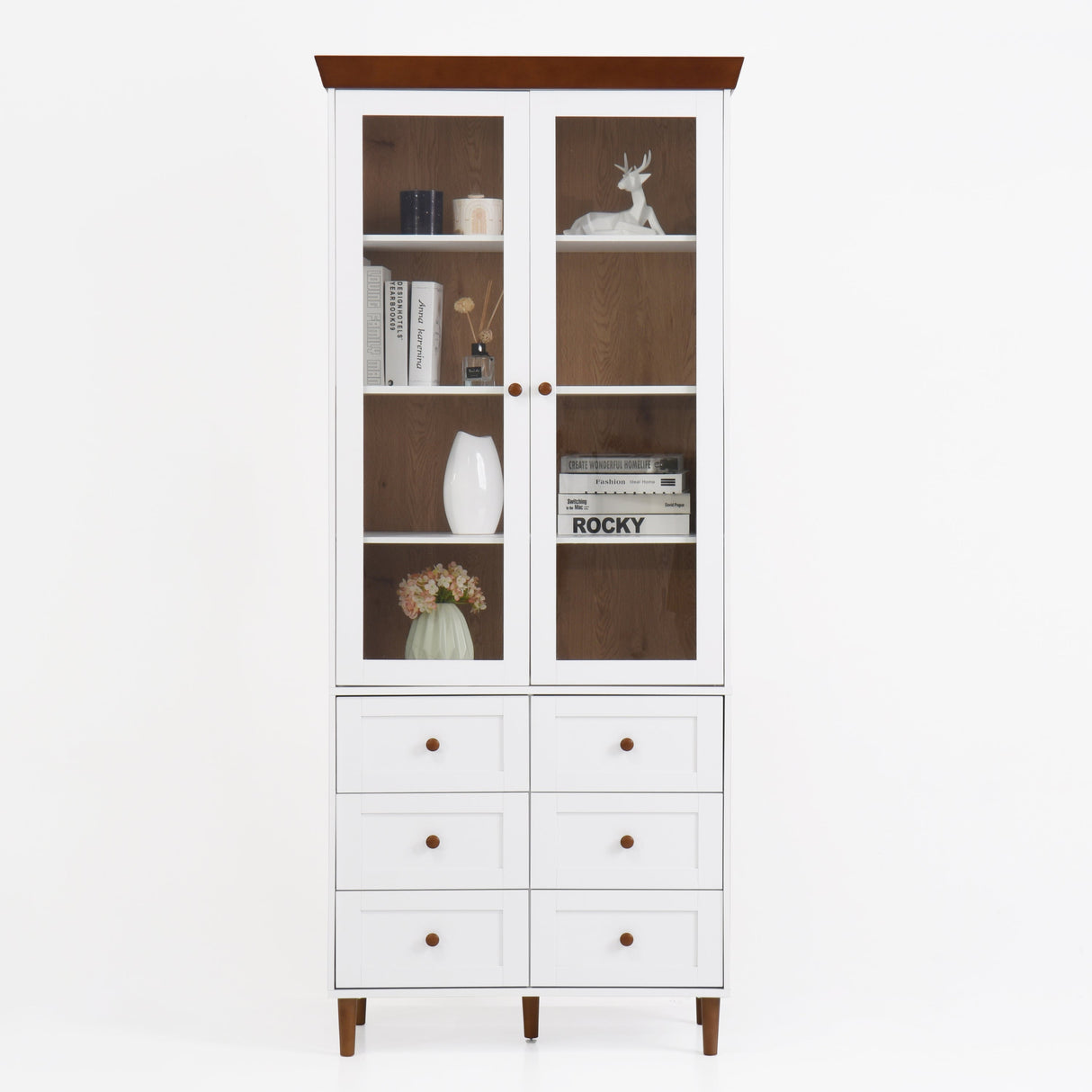 White MDF Display Storage Cabinet with Glass Doors and Adjustable Shelves