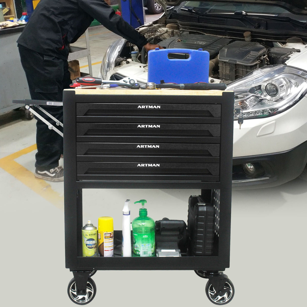 4 Drawers Multifunctional Tool Cart With Wheels And Wooden Top