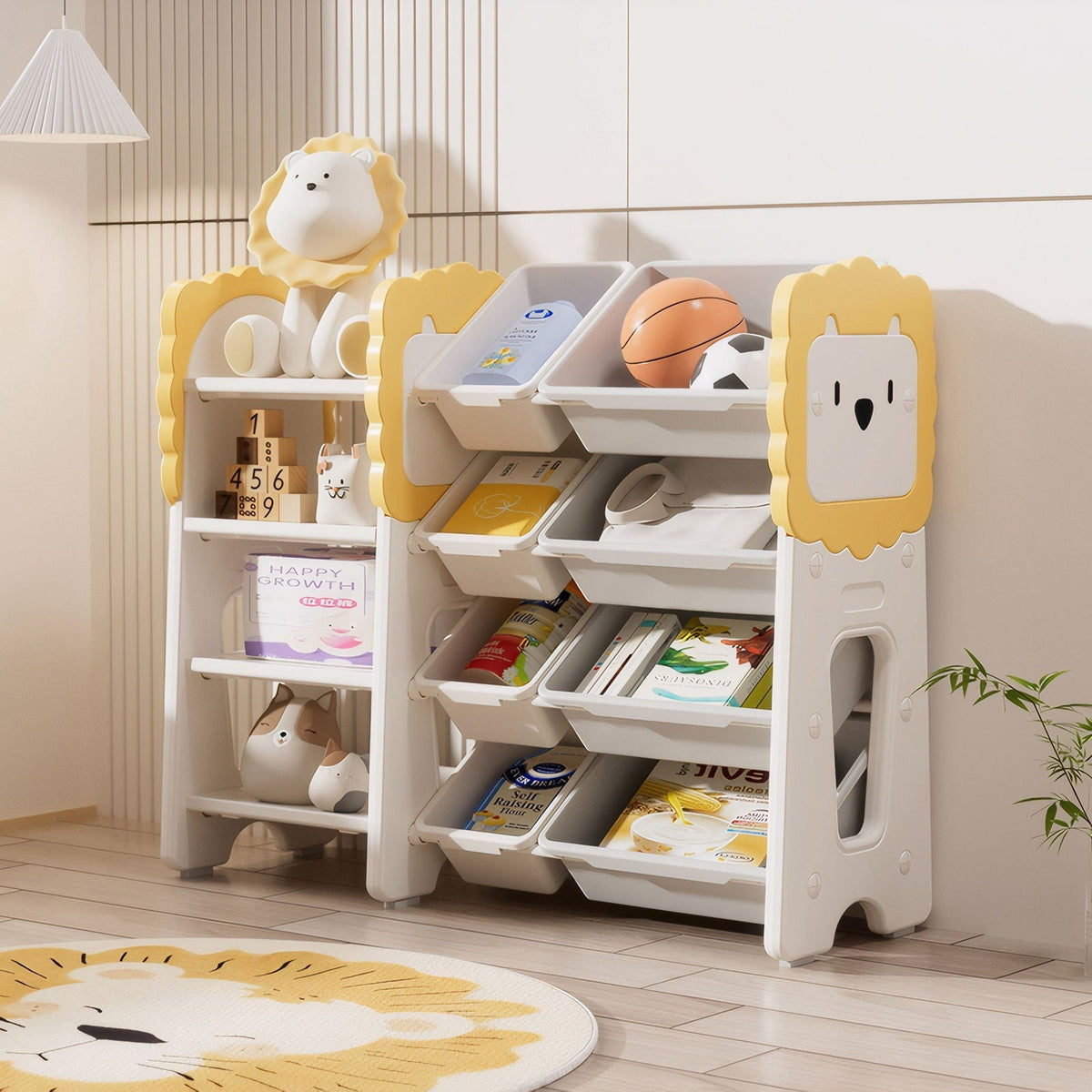 Kids Bookshelf and Toy Storage with 8 Removable Bins - Gray / White / Yellow