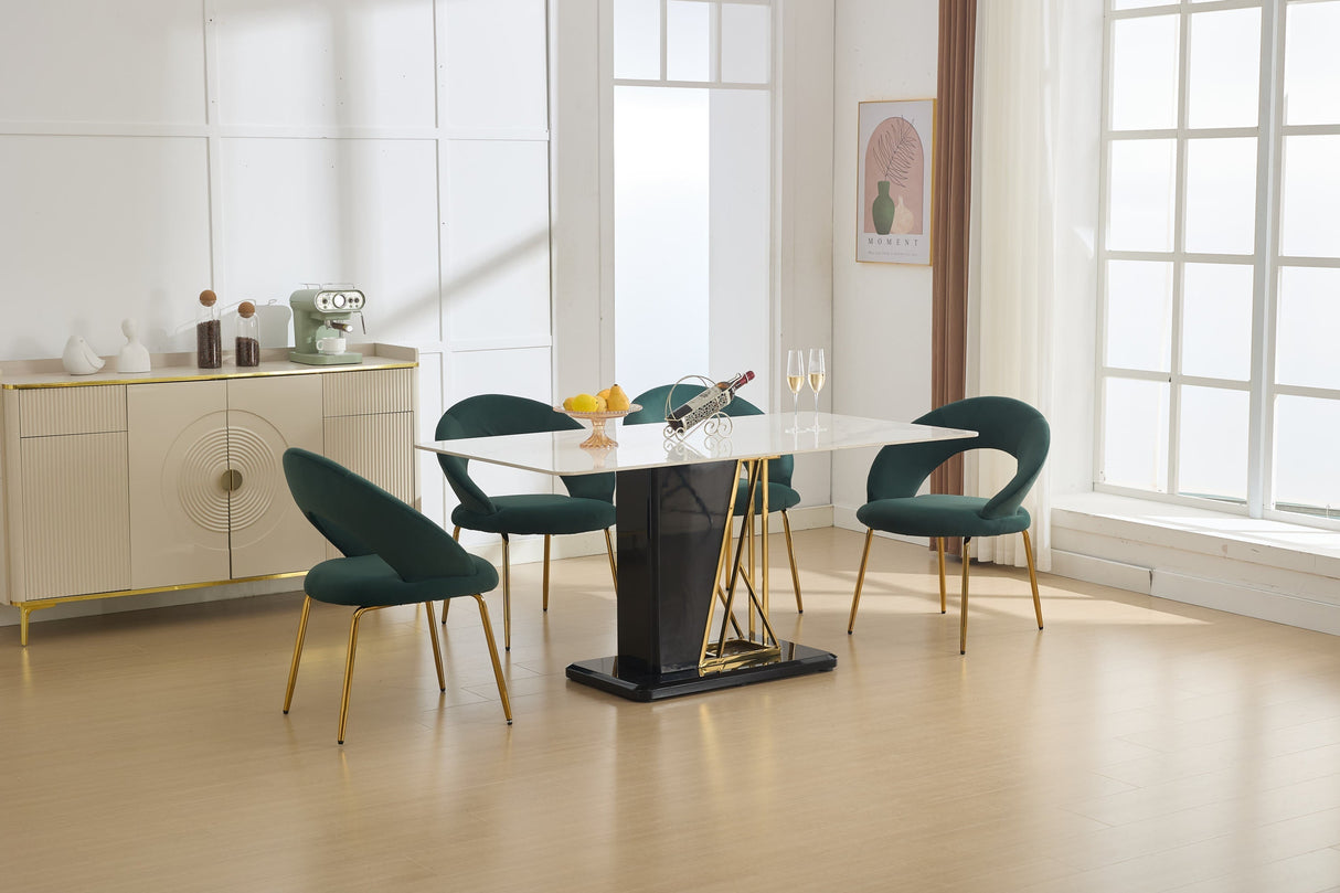 Set of 1 Velvet Fabric Dining Chair with Curved Backrest and Golden Metal Legs