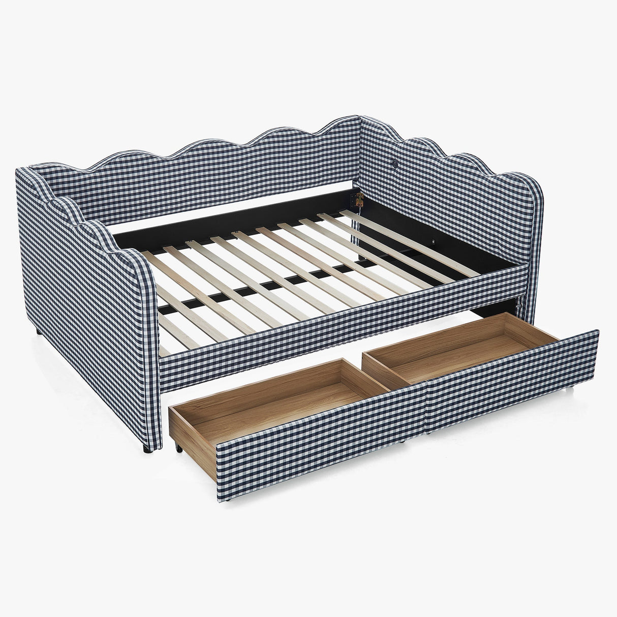 Full Size Cozy Gingham Daybed with Two Storage Drawers, with USB Port and Adorable Wave Shaped, Linen Fabric