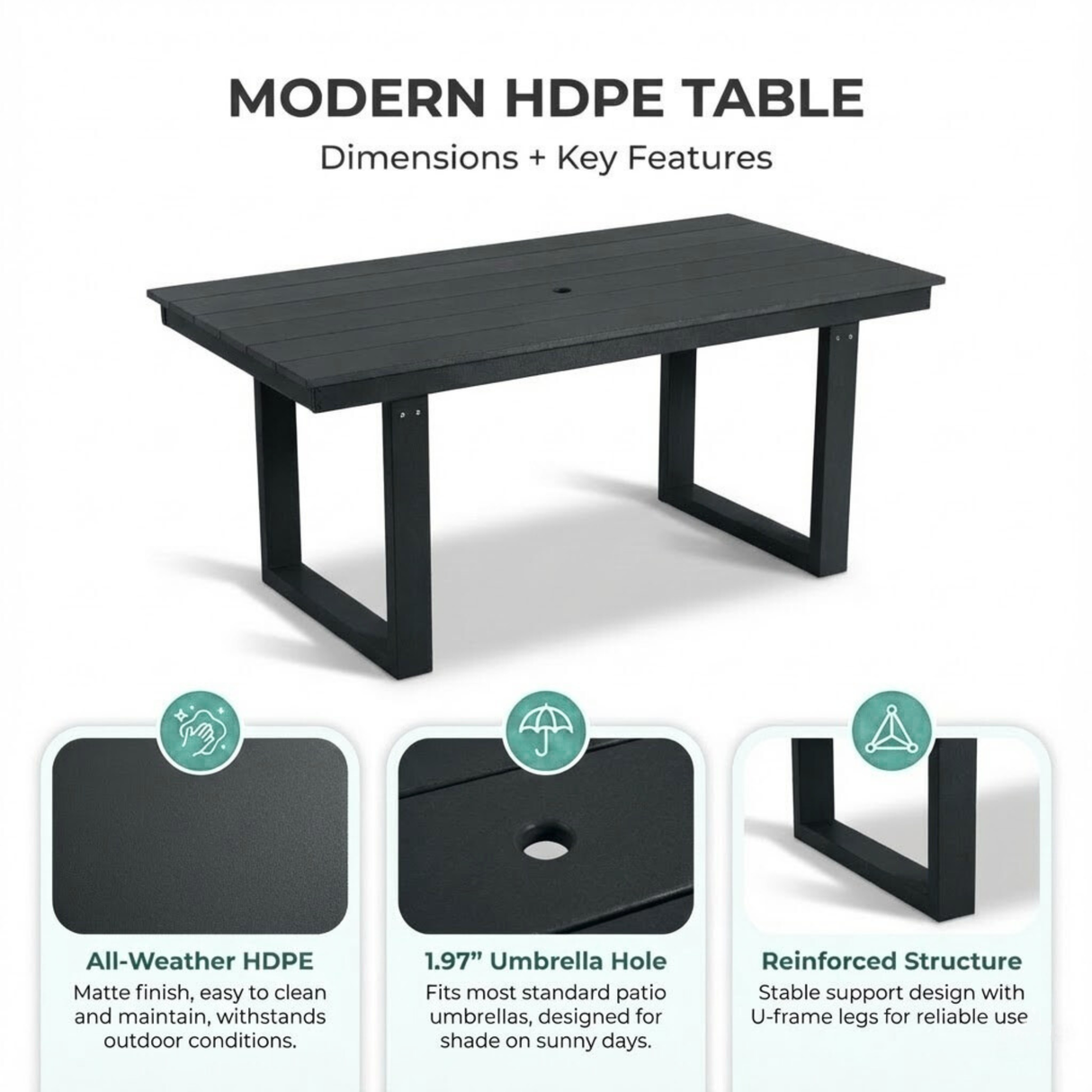 7-Piece HDPE Outdoor Dining Set for 6 – Weather-Resistant Patio Table with Umbrella Hole and 6 Armrest Chairs (Black)