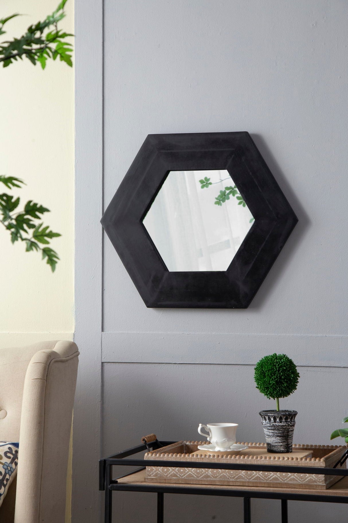 Hexagon Mirror With Natural Wood Frame