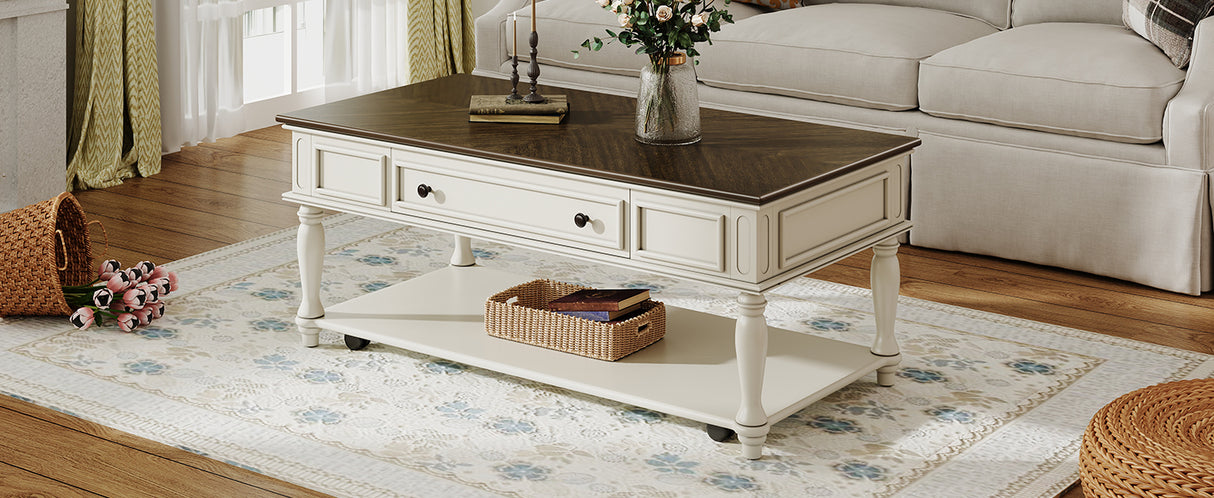 Farmhouse Coffee Table with One Drawer in Grey and White