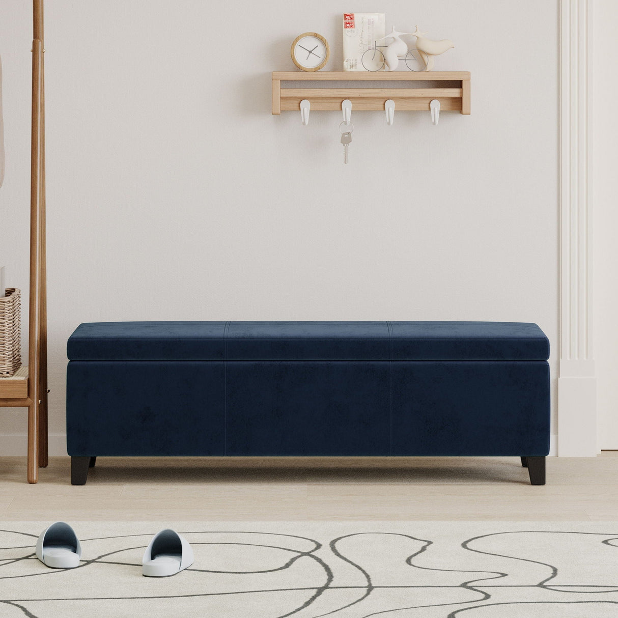 Velvet Storage Bench, Upholstered End Of Bed Storage Ottoman - Dark Blue