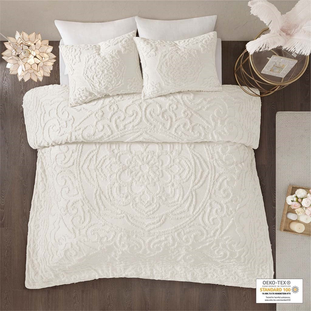 King/Cal King 3-Piece Tufted Cotton Chenille Medallion Duvet Cover Set
