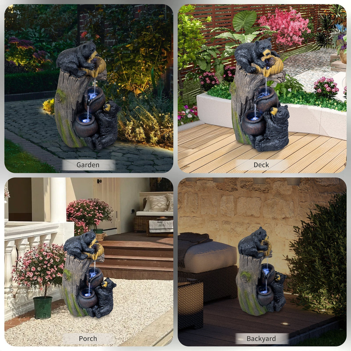 Bear Outdoor Water Fountain with LED Lights - Brown Grey