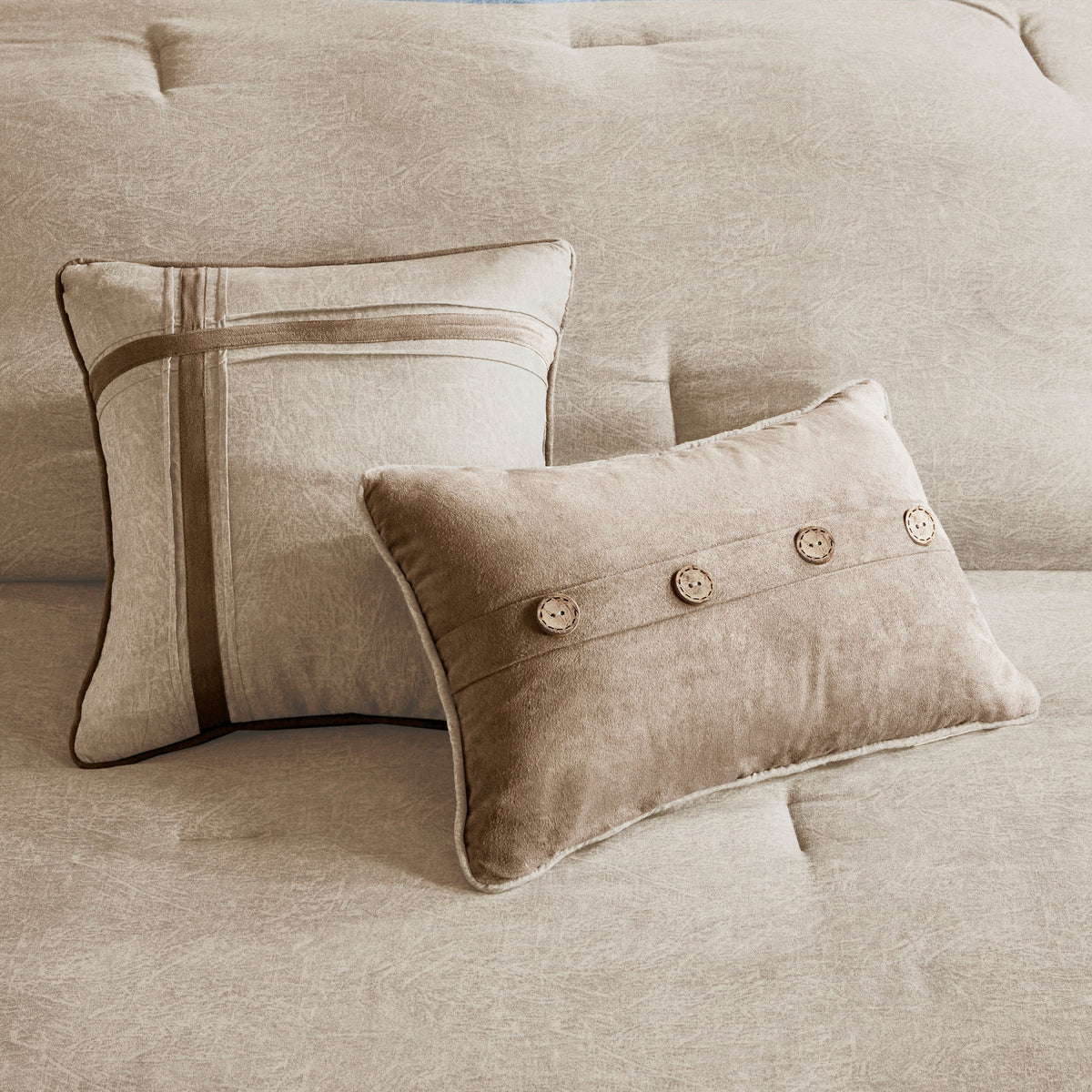 Tan Faux Suede Comforter Set with Lodge Cabin Style - Queen