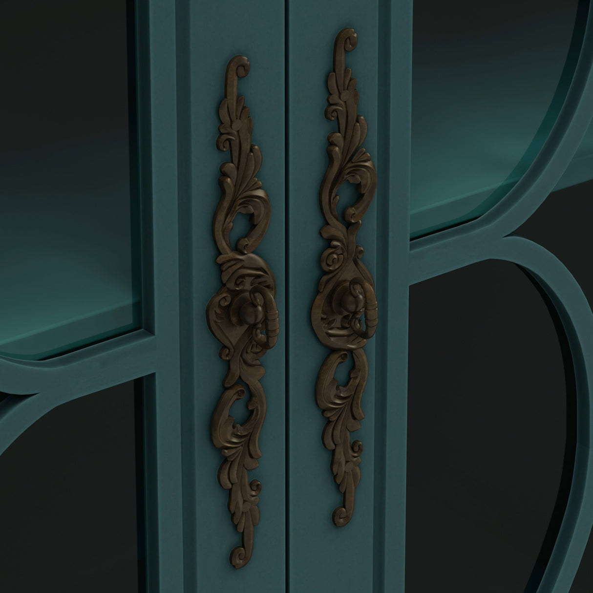 Elegant European Antique Style 4-Door Cabinet with Tempered Glass Doors, Dark Green MDF with Wood Veneer and Solid Wood Legs, 59.45L x 15.75W x 31.89H inches