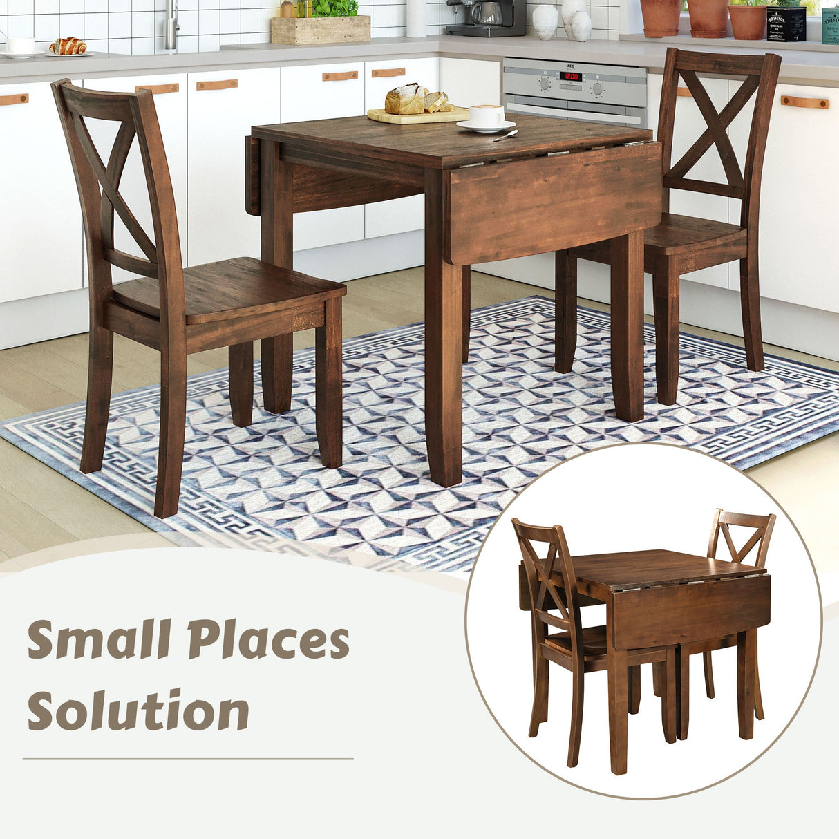 TOPMAX 3-Piece Wood Drop Leaf Breakfast Nook Dining Table Set with 2 X-back Chairs