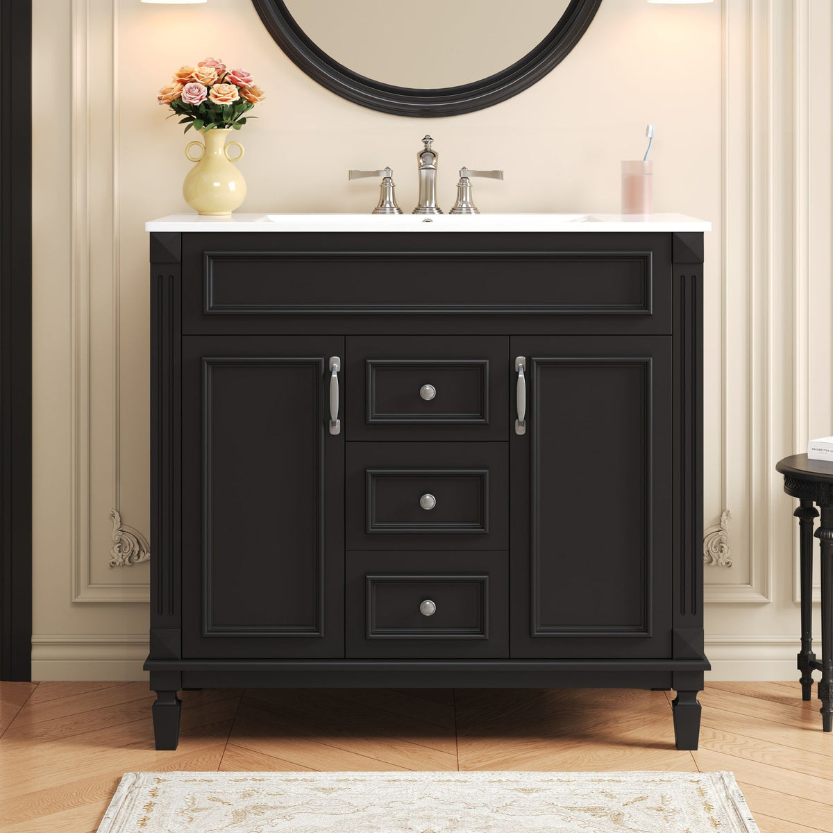 Bathroom Vanity with Ceramic Sink and Soft-Closing Storage - Dark Gray, White, or Black