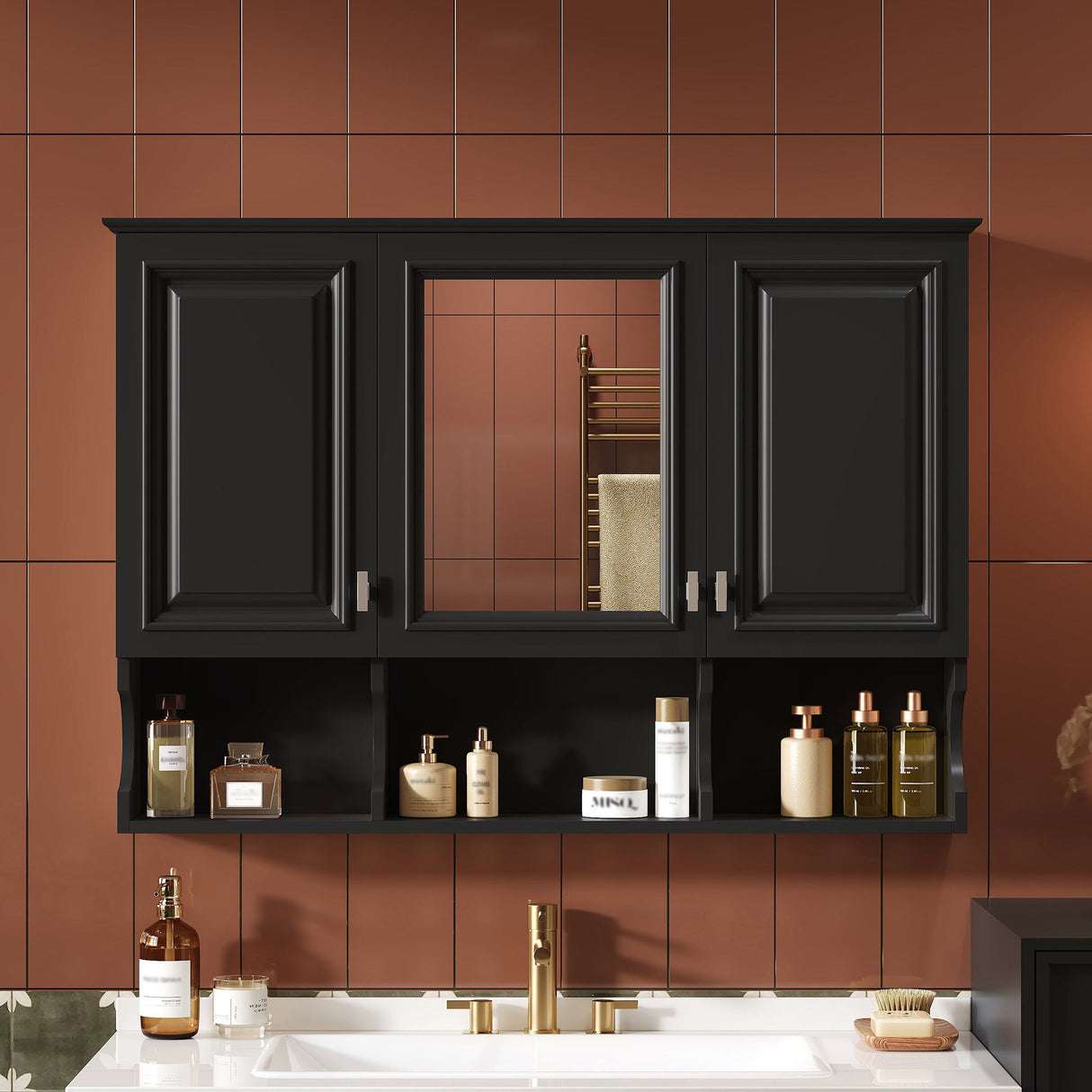 Modern Wall Mounted Mirror Medicine Cabinet With Open Shelves
