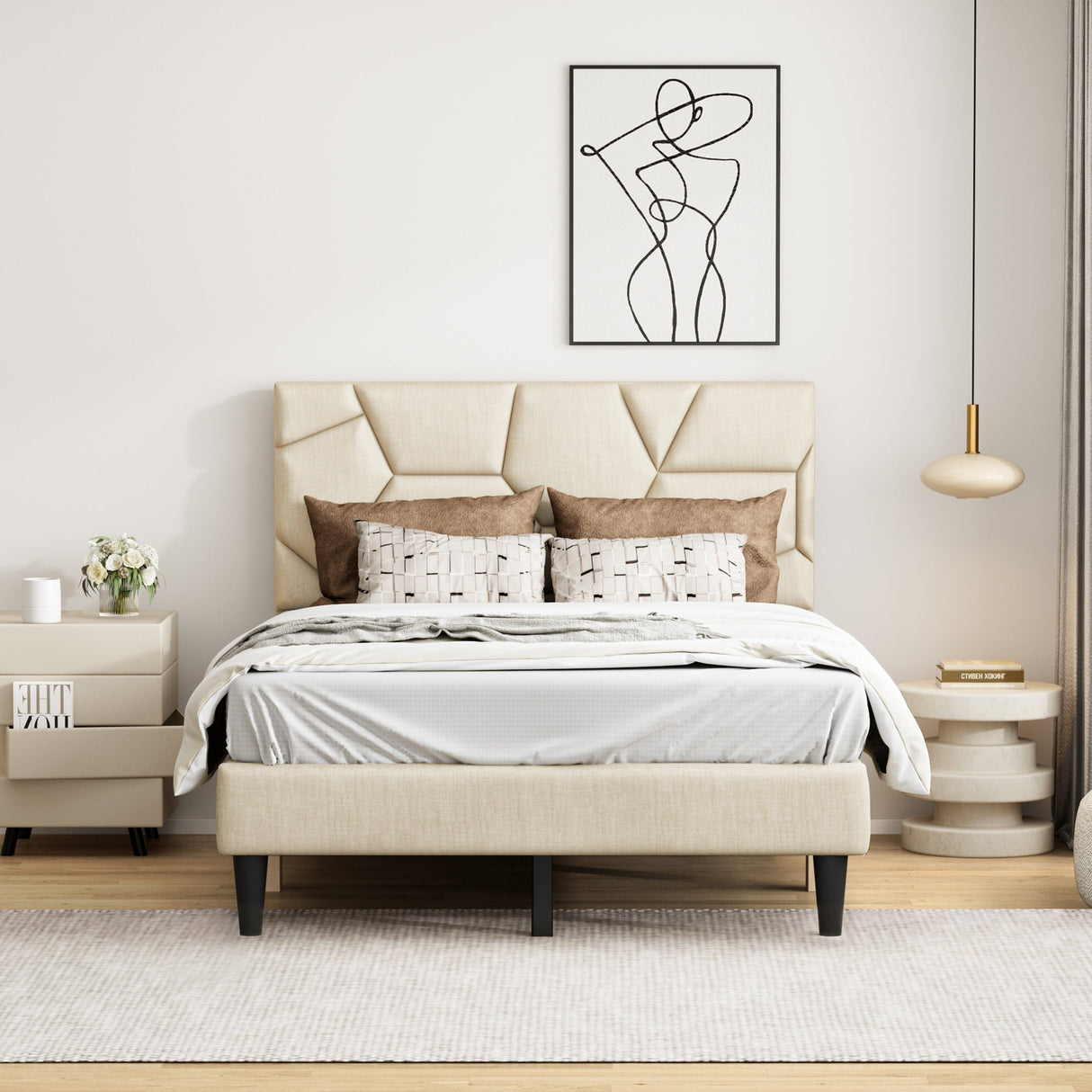 Beige Linen Full Bed Frame – Sturdy Platform Bed with Under-Bed Storage