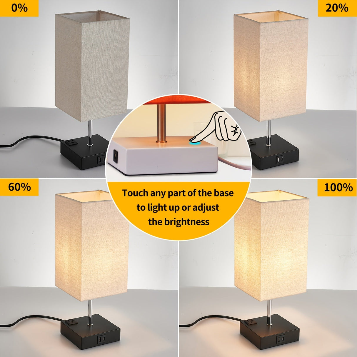 Touch Table Lamp with USB & Outlet – Modern Fabric Shade Bedside Light for Bedroom