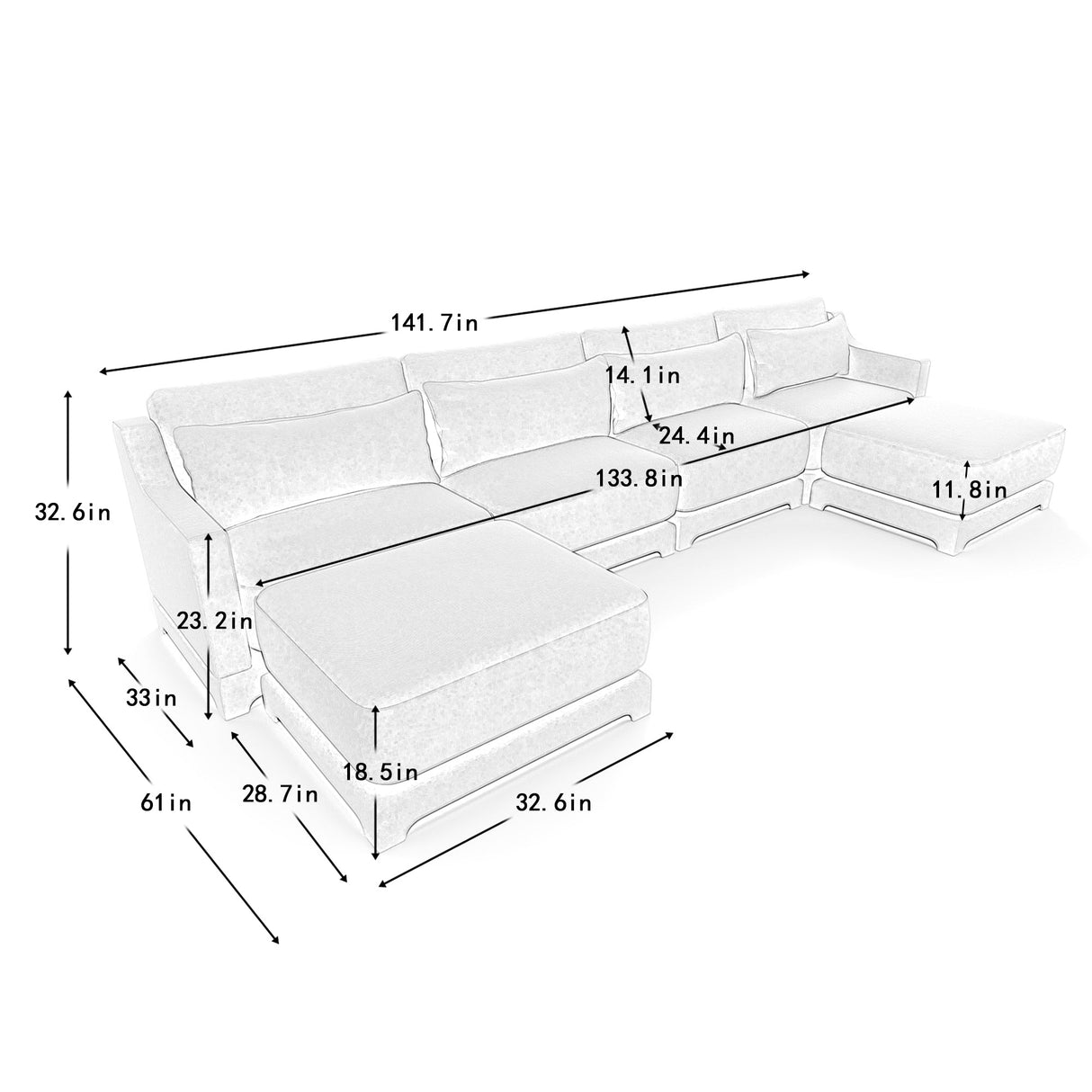Elegant Four-Seater Sofa with Movable Ottoman and Lumbar PillowBeige
